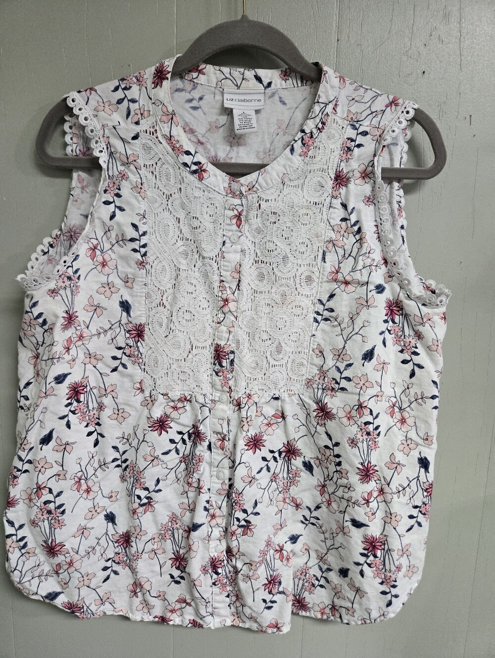 Liz Claiborne Blouse Womens L Linen White Floral Crochet Lace Sleeveless Top